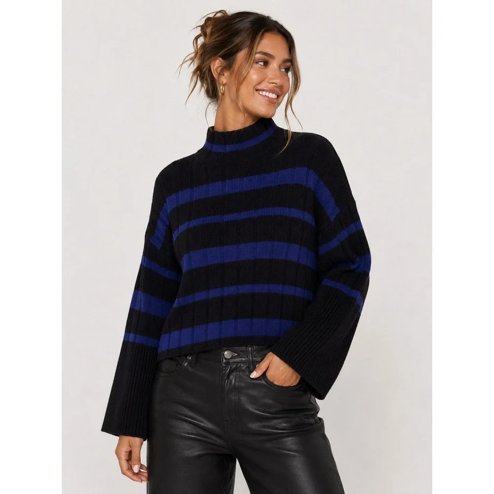 Madewell Recycled Cashmere Wool Blend Striped Mock Neck Sweater Black Blue M